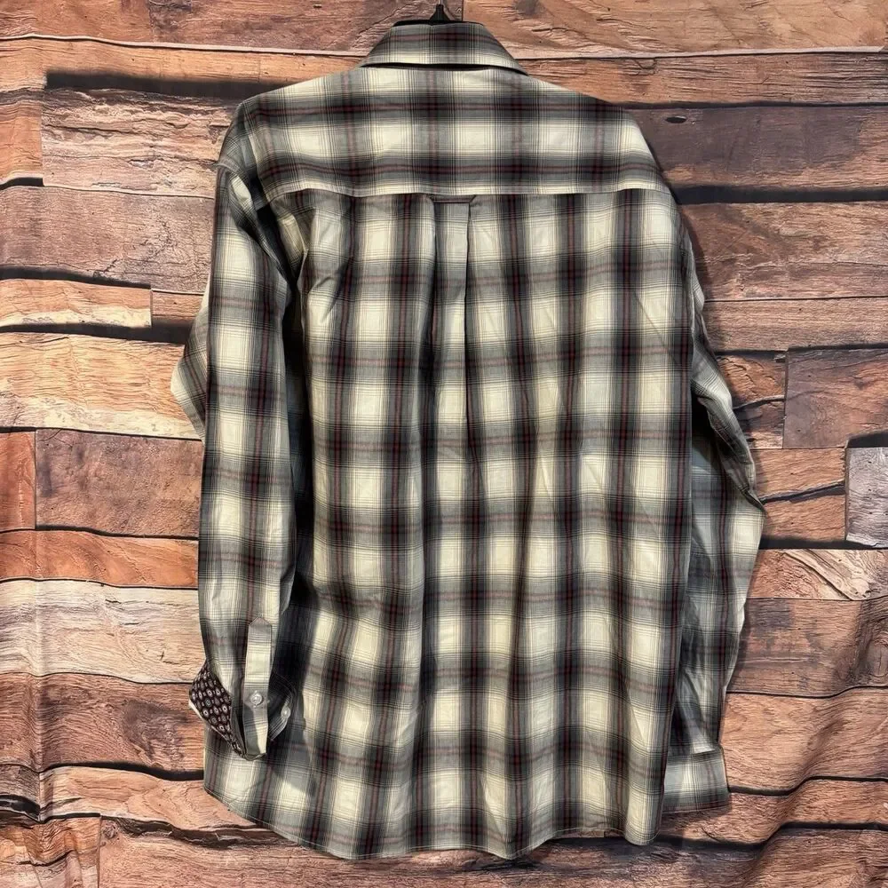 Roper Shirt Men Large L Grey Plaid Long Sleeve Button Up Cotton Western Contrast
